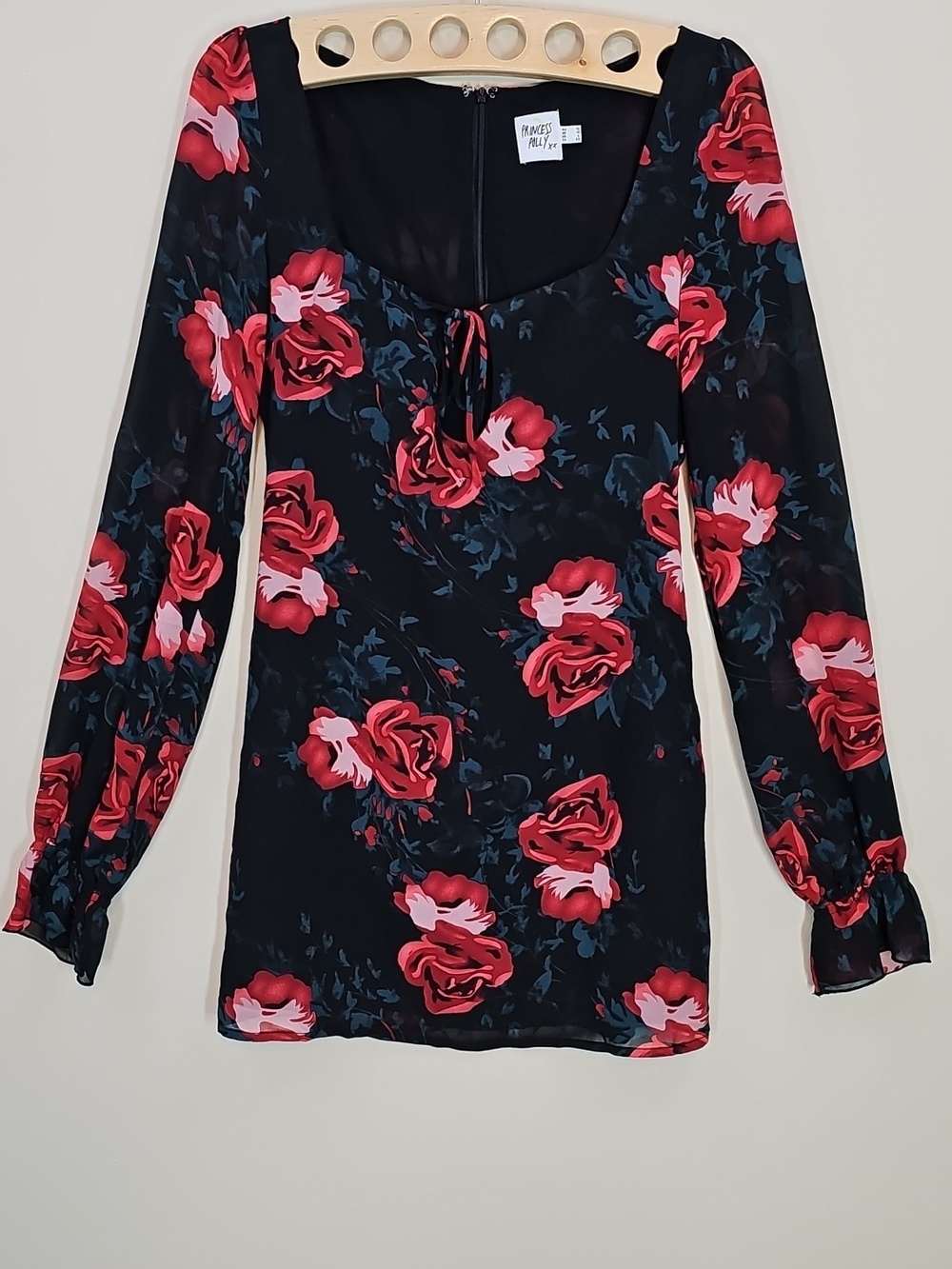 Princess Polly Black Red Rose Floral Long Sleeve Mini Dress 6 Dark Romantic Y2K
